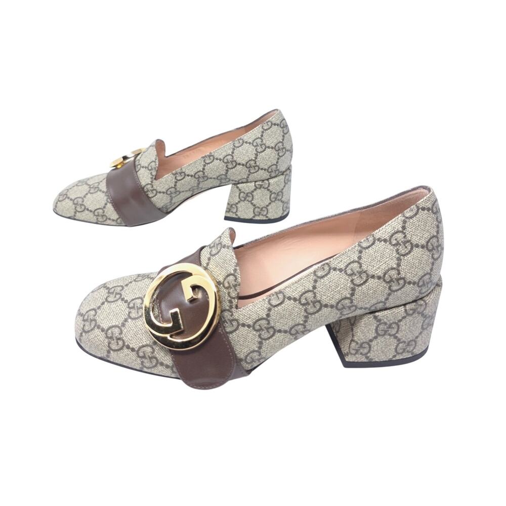 Gucci Blondie GG Supreme Monogram Logo Loafer Pumps Beige Brown 36.5 6.5 701711